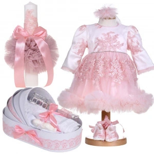 Set botez, rochita botez cu volanas, 3 piese, trusou botez si lumanare, decor dantela roz, Denikos® C1148