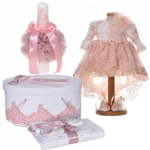 Set botez, rochita cu trena, 3 piese, trusou botez, cutie trusou si lumanare, decor dantela dusty rose, Denikos® C9189