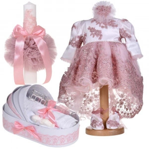 Set botez, rochita cu trena, 3 piese, trusou botez si lumanare, decor dantela roz pudra, Denikos® C9198
