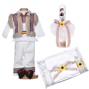Set botez traditional baiat, trusou botez national, lumanare si costum popular, Denikos® C9280