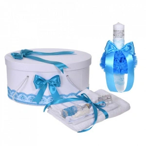 Set botez - trusou botez, lumanare cu mesaj si cutie trusou, decor elegant dantela Turcoaz, Denikos® C1121