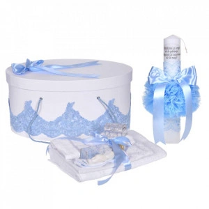 Set botez trusou, lumanare cu mesaj si cutie trusou decor dantela lata Bleu, Denikos® C1124
