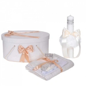 Set botez - trusou, lumanare cu mesaj si cutie trusou, decor elegant dantela Ivoire, Denikos® C1114