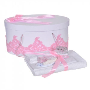 Set elegant trusou botez, cutie trusou si lumanare iepuras pufos, dantela si fundite, decor Roz, Denikos® 926 - Img 5