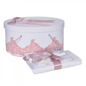 Set elegant trusou botez, cutie trusou si lumanare personalizata cu nume, decor dantela Roz pudra, Denikos® 938 - Img 5