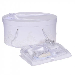 Set elegant trusou botez, cutie trusou si lumanare personalizata cu nume, decor dantela Alba cu iepuras, Denikos® 952 - Img 5
