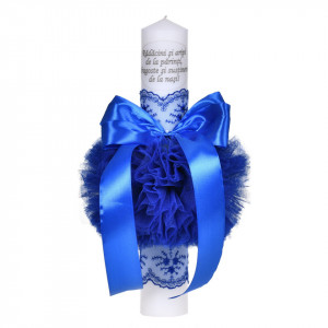 Set lumanare botez cu mesaj si trusou botez in landou, decor dantela albastra ingusta, Denikos® C1064 - Img 2