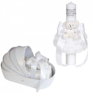 Set lumanare botez cu mesaj si ursulet si trusou botez in landou, decor dantela Alba lata, Denikos® C1077