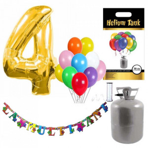 Set party butelie heliu, balon cifra 4 folie, banner si 10 baloane latex
