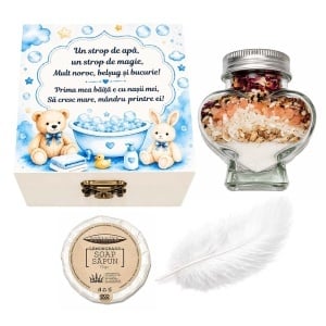 Set prima baita dupa botez cu nasii pentru baietel - Cutie amintiri, sapun, fulg si borcanel cu ingrediente traditionale, Denikos® NK95