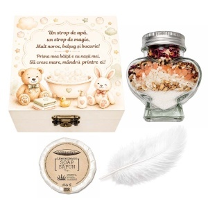 Set prima baita dupa botez cu nasii pentru baietel sau fetita - Cutie amintiri, sapun, fulg si borcanel cu ingrediente traditionale, Denikos® NK97