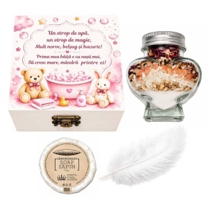 Set prima baita dupa botez cu nasii pentru fetita - Cutie amintiri, sapun, fulg si borcanel cu ingrediente traditionale, Denikos® NK98