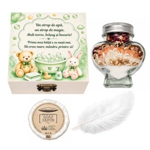 Set prima baita dupa botez cu nasii pentru fetita sau baietel - Cutie amintiri, sapun, fulg si borcanel cu ingrediente traditionale, Denikos® NK100