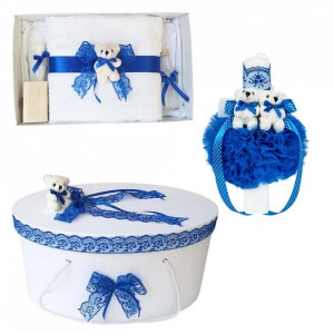 Set trusou botez, cutie trusou si lumanare, dantela si Ursuleti, decor albastru, Denikos® 554