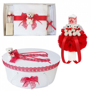 Set trusou botez, cutie trusou si lumanare, dantela si Ursuleti, decor Rosu, Denikos® 559