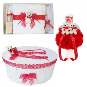 Set trusou botez, cutie trusou si lumanare, dantela si Ursuleti, decor Rosu, Denikos® 559