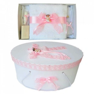 Set trusou botez si cutie trusou, Ingeras, dantela roz, Denikos® 454