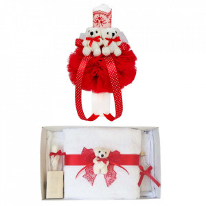 Trusou botez cu ursulet si lumanare glob, dantela si ursuleti, decor Rosu, Denikos® 605