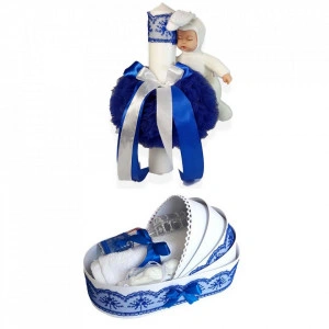 Trusou botez in landou si lumanare cu iepuras, decor albastru Denikos® 173