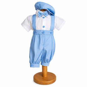 Costum botez baiat bleu cu pantaloni trei sferturi, bretele, papion si basca eleganta Denikos® H043