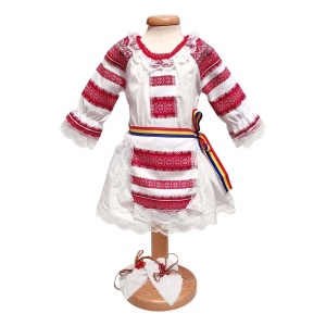 Costum botez traditional pentru fete, alb, decor rosu, 4 piese, Denikos®PTB08