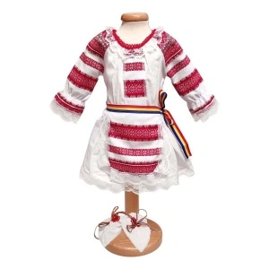 Costum botez traditional pentru fete, alb, decor rosu, 4 piese, Denikos®PTB08