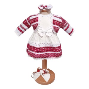 Costum botez traditional pentru fetite, material alb cu rosu, 4 piese, Denikos®PTB12
