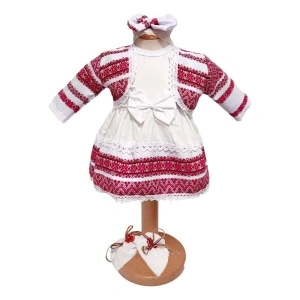 Costum botez traditional pentru fetite, material alb cu rosu, 4 piese, Denikos®PTB12