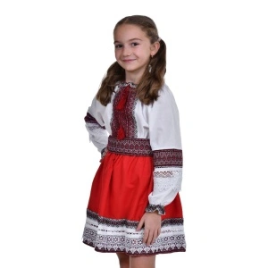 Costum traditional pentru fetite, 3 piese, copii 1 - 14 ani, alb - rosu, Denikos® 1030