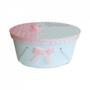 Cutie trusou botez pentru fetita, personalizata, decor dantela roz, Denikos® 217