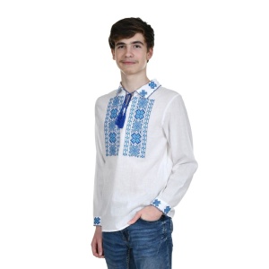 Ie camasa nationala baiat, alba, broderie bleu motive traditionale romanesti, Denikos®TD238 - Img 2