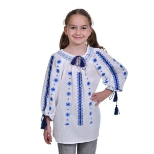Ie populara fetita, alba, broderie albastra, marime unica, 7-10 Ani, Denikos®TD226