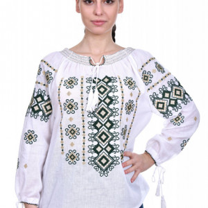 Ie traditionala alba, broderie crem si verde DNK0013
