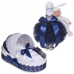 Lumanare botez cu iepuras, personalizata si trusou botez in landou, decor dantela Bleumarin, Denikos® 873