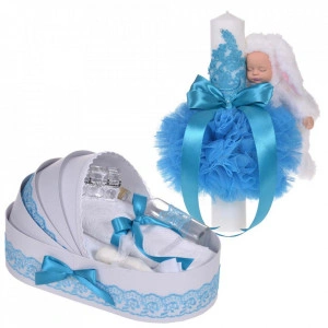 Lumanare botez cu iepuras pufos si trusou botez in landou, decor dantela Turcoaz, Denikos® 861