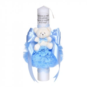 Lumanare botez cu mesaj decor bleu, cu fundita, dantela si ursulet Denikos® C1046