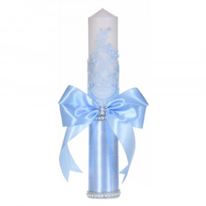 Lumanare botez decor bleu elegant, dantela, margelute si fundita asortata, Denikos® C1190