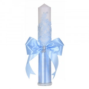 Lumanare botez decor bleu elegant, dantela, margelute si fundita asortata, Denikos® C1190