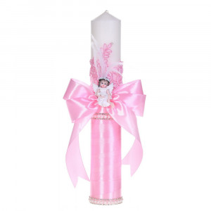 Lumanare botez eleganta decor roz, dantela, ingeras cu pene si fundita asortata, Denikos® C1186