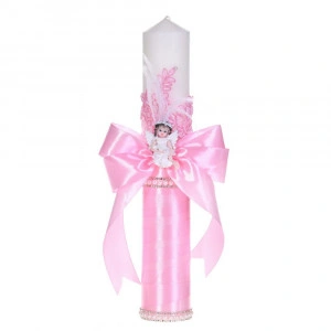 Lumanare botez eleganta decor roz, dantela, ingeras cu pene si fundita asortata, Denikos® C1186