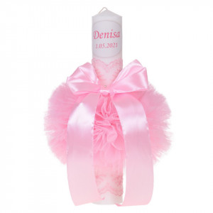 Lumanare botez personalizata, decor roz cu tul si dantela, Denikos® 722