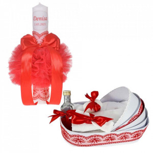 Lumanare botez personalizata si trusou botez in landou, decor Rosu, Denikos® 781