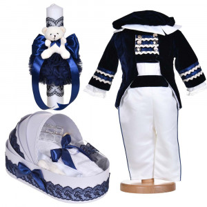 Set botez baietel, costum botez Little Prince, 4 piese, trusou botez si lumanare, decor bleumarin, Denikos® C1139