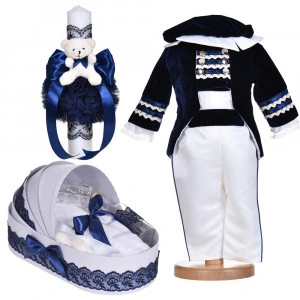 Set botez baietel, costum botez Little Prince, 4 piese, trusou botez si lumanare, decor bleumarin, Denikos® C1139