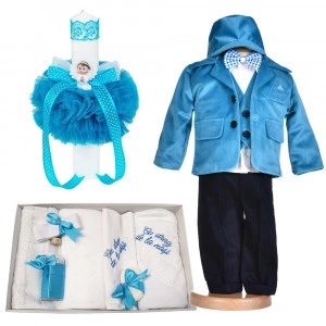 Set botez, costum botez baiat, catifea, turcoaz, 5 piese, trusou botez cu mesaj si lumanare cu ingeras, Denikos® C1167
