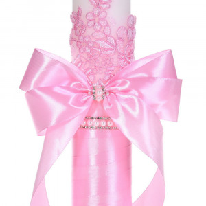 Set botez elegant, lumanare margelute si si trusou botez in landou, decor dantela roz ingusta, Denikos® C9305 - Img 3