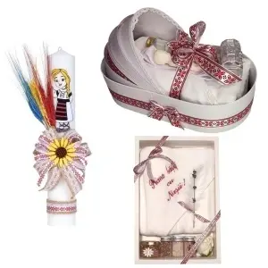 Set botez traditional fetita cu lumanare, trusou in cutie landou si set baita a doua zi – rosu traditional, Denikos NK153-S