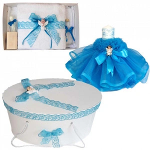 Set dantela trusou botez, cutie trusou si lumanare, Ingeras, decor turcoaz, Denikos® 478
