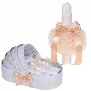 Set elegant lumanare botez si trusou botez in landou, decor dantela Crem, Denikos® 887