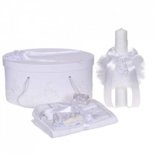 Set elegant trusou botez, cutie trusou si lumanare, decor dantela Alba diafana, Denikos® 961